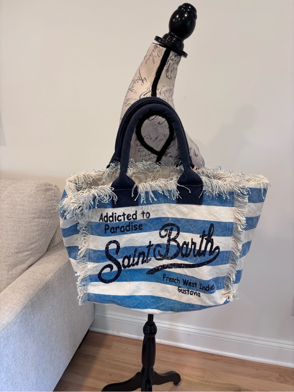 MC2 SAINT BARTH Striped Logo Print Beach Bag in blue and white